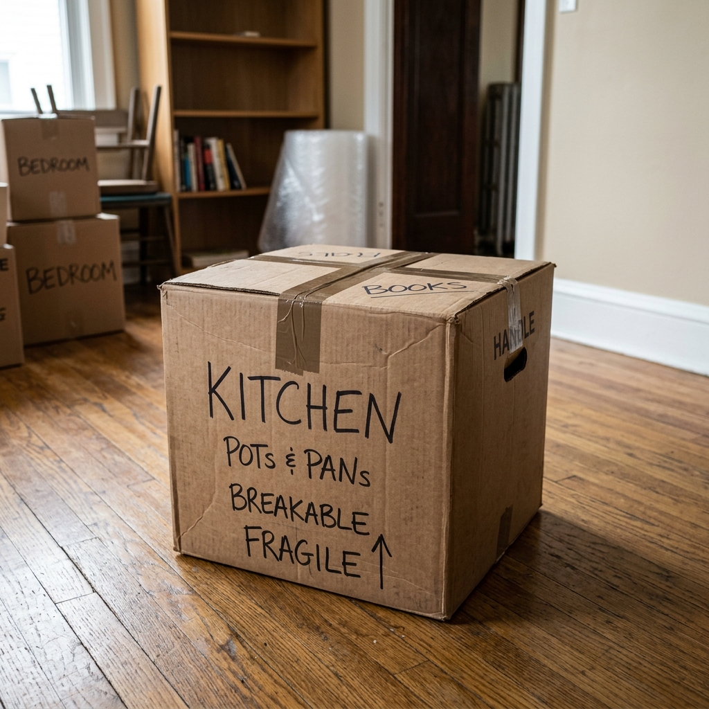 Cardboard moving box on the floor with kitchen pots and pans label